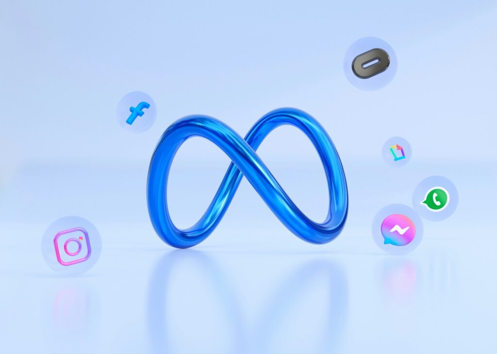 3D blue Meta logo surrounded by Instagram, Messenger, and WhatsApp icons, representing MetaBaz’s expert Meta Ads management in Toronto.