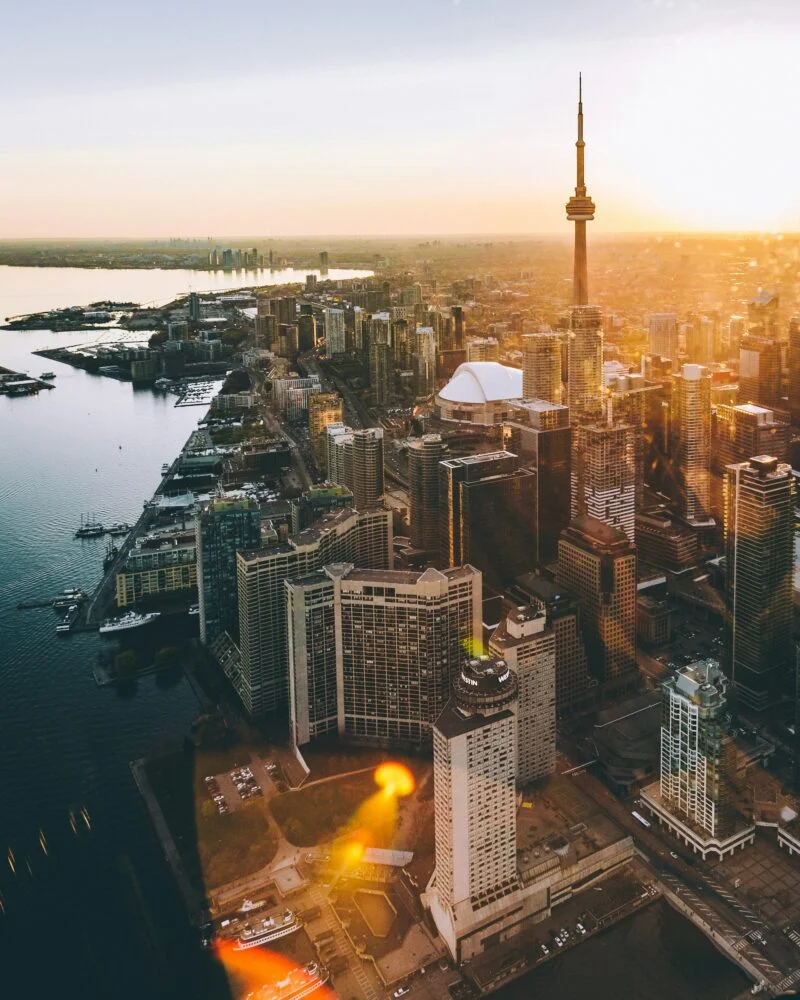 Bird's eye view of the Toronto waterfront and financial district, highlighting the core service area for MetaBaz's SEO and digital advertising expertise.