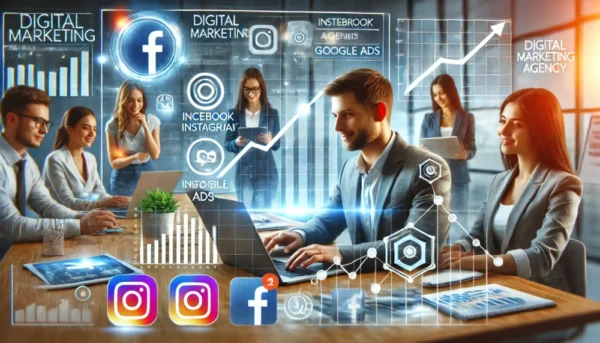A team of digital marketing professionals in a modern office, overlayed with glowing holographic data charts and social media icons representing AI-driven ad performance and GTA growth strategies.