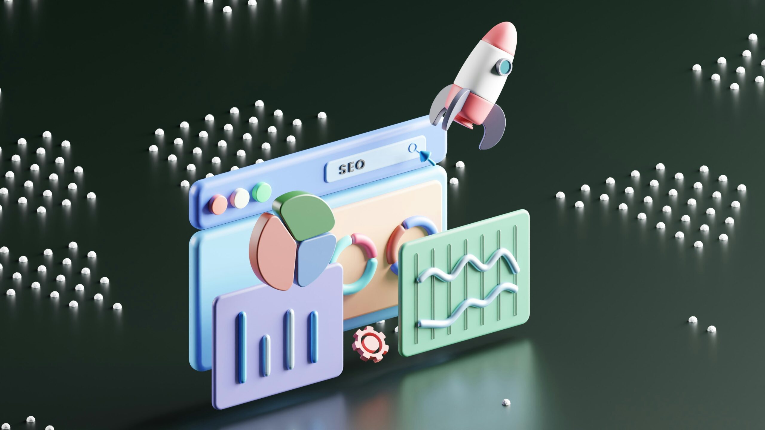 A 3D creative illustration featuring a rocket taking off from a search bar surrounded by data charts and analytics icons, representing high-growth organic SEO strategies.