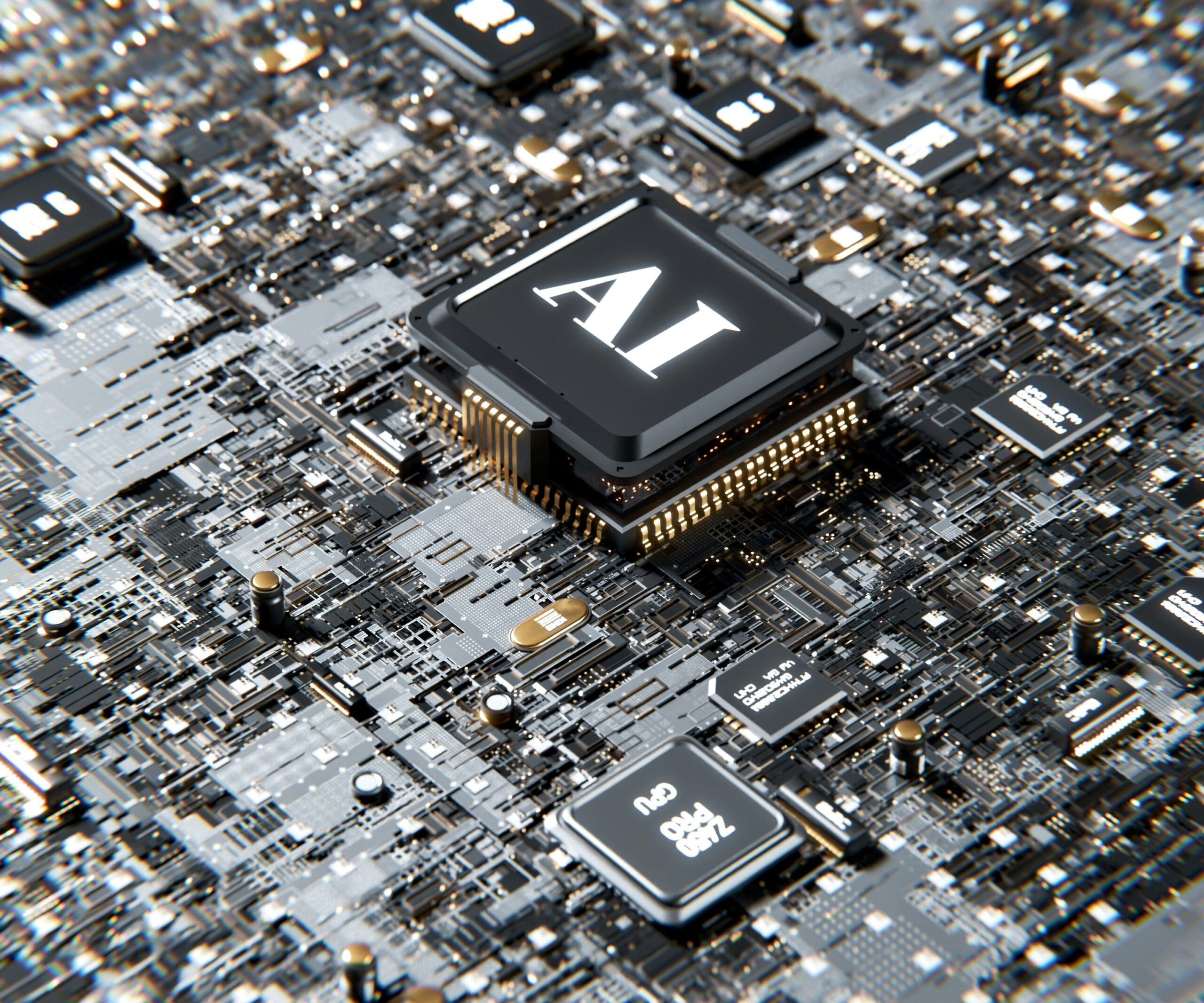A high-tech macro shot of a computer microchip with a glowing "AI" logo at the center, symbolizing generative engine optimization and AI-driven search visibility.