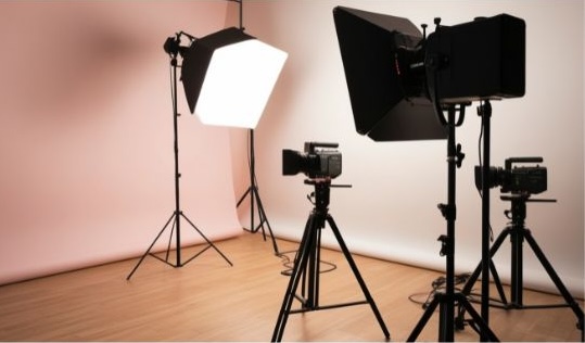 Interior of a professional film or photography studio. Two video cameras are mounted on tripods, positioned toward a seamless curved paper backdrop that transitions from soft pink to white. The scene is illuminated by professional lighting equipment, including a large glowing softbox and a studio light with barn doors. The floor is a light-colored wood, and several black light stands and cables are visible throughout the space, suggesting a high-end production environment for a digital marketing agency.