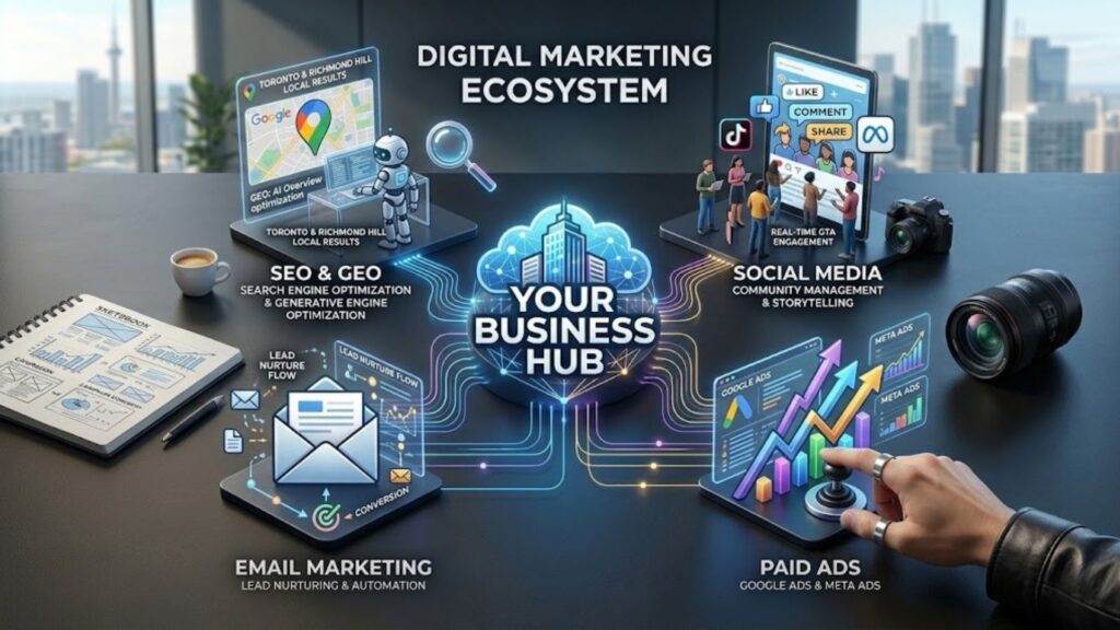 digital marketing is what? A high-resolution overhead photograph of a modern "Digital Marketing Ecosystem" infographic. The visual shows how localized SEO and GEO results for Toronto and Richmond Hill, high-ROI paid ads, and social media engagement for GTA brands connect to a central business hub, featuring MetaBaz branding and specific data points for a medical aesthetics client.