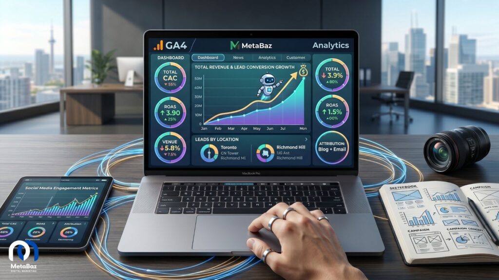 Dynamic elevated view of a MetaBaz analytics dashboard on a laptop, displaying substantial revenue growth and localized data for GTA clients. The screen shows segmented metrics for leads by location, specifically targeting Toronto and Richmond Hill, and features bilingual (Farsi/English) data points from client.