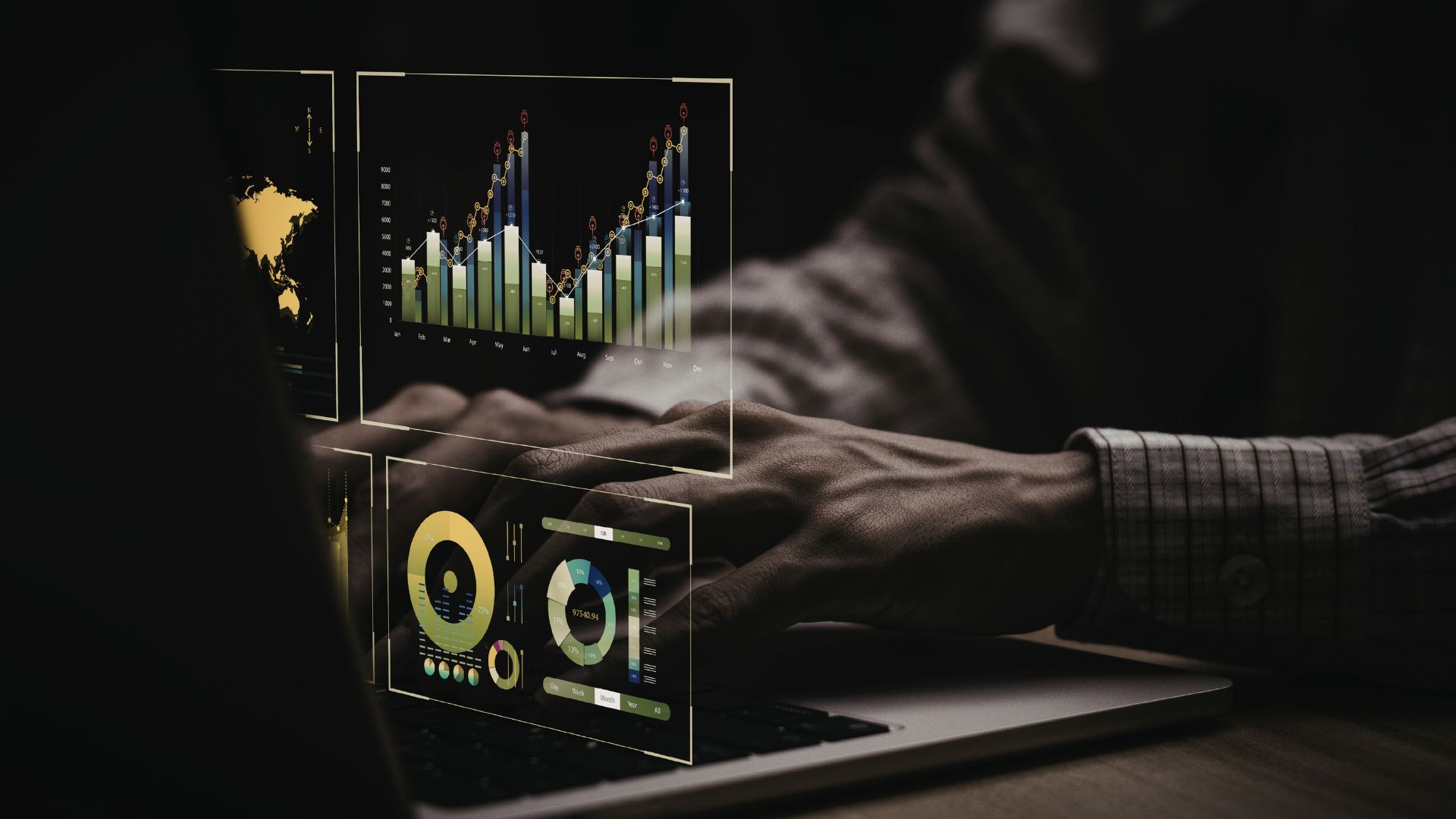 A high-tech, close-up view of a digital marketer's hands typing on a laptop with transparent, glowing holographic data overlays. The interface displays complex bar charts, a global heat map, and circular data visualizations representing real-time campaign performance and predictive analytics for MetaBaz clients in the GTA.