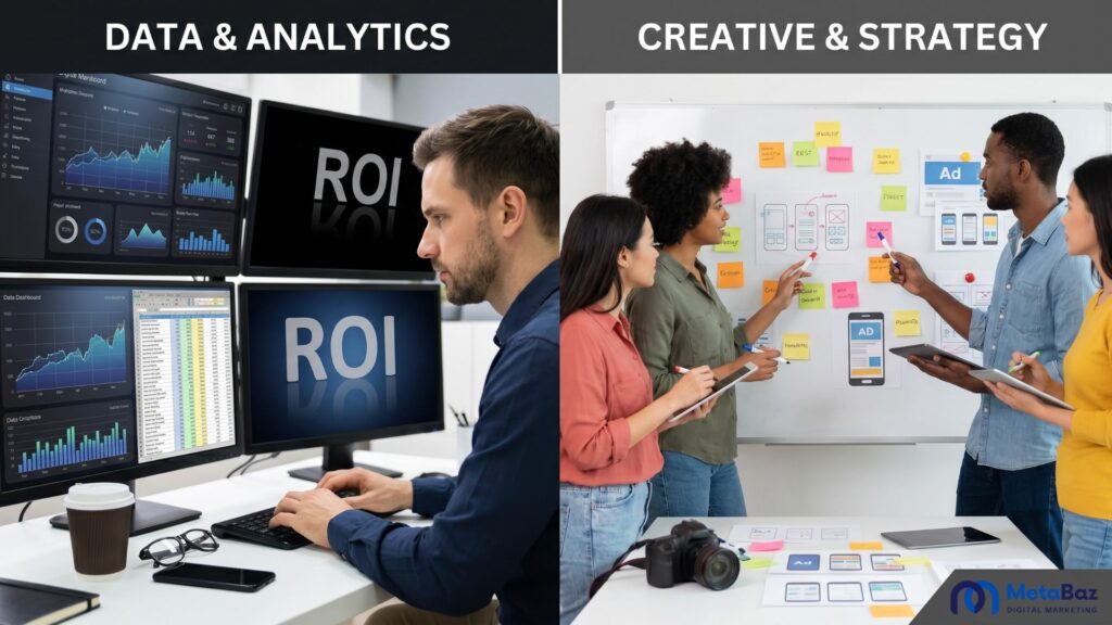 A professional split-screen image representing the MetaBaz agency workflow. The left side, titled 'Data & Analytics,' shows a digital marketer at a high-tech multi-monitor workstation analyzing ROI graphs and performance metrics. The right side, titled 'Creative & Strategy,' shows a diverse marketing team collaborating at a whiteboard with colorful sticky notes and ad campaign wireframes.