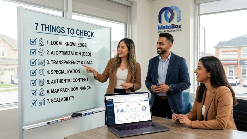 MetaBaz team in Richmond Hill presenting a 7-point digital marketing near me checklist on a whiteboard to a business client.