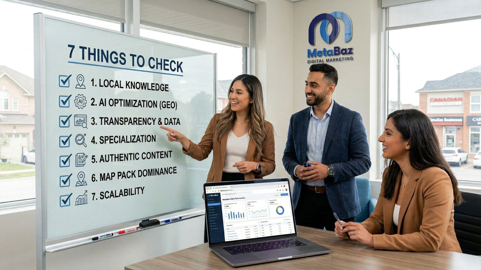 MetaBaz team in Richmond Hill presenting a 7-point digital marketing near me checklist on a whiteboard to a business client.