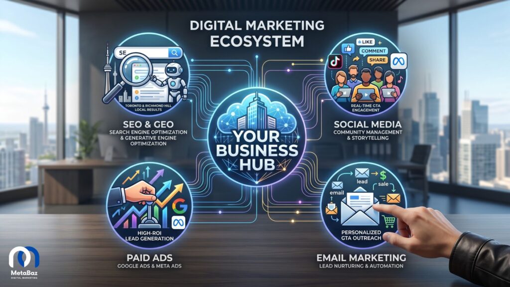 Infographic diagram titled 'Digital Marketing Ecosystem' featuring MetaBaz Agency. What Does a Digital Marketer Do Exactly? The central 'Your Business Hub' connects four pillars: 'SEO & GEO' with local Toronto and Richmond Hill robot results; 'Social Media' showcasing diverse engagement for client Nurah's Kids; 'Paid Ads' generating high-ROI leads; and 'Email Marketing' for personalized GTA outreach.