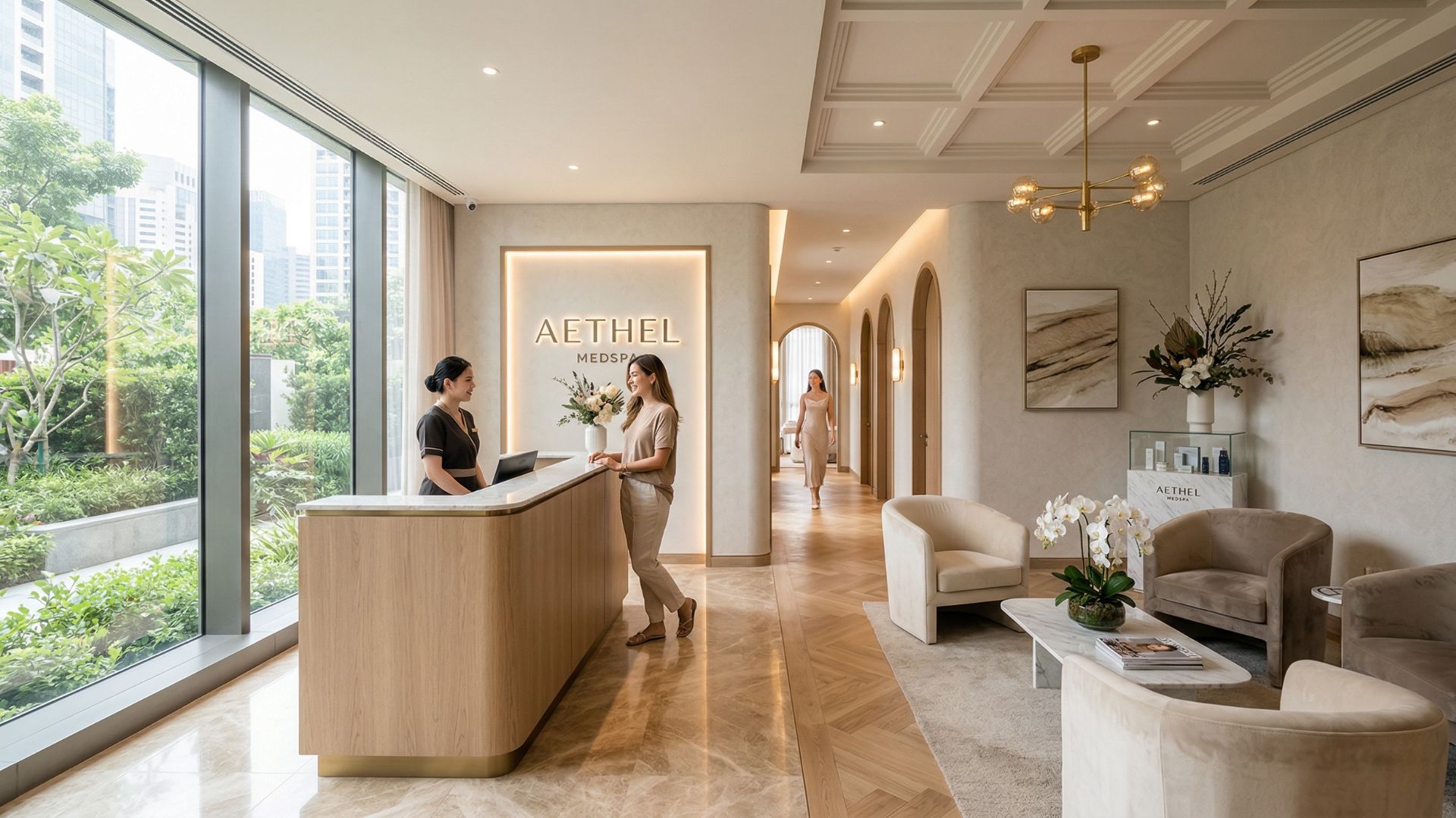 A photo of the high-end Medspa reception area, featuring a front desk, lounge seating, and a modern interior design.