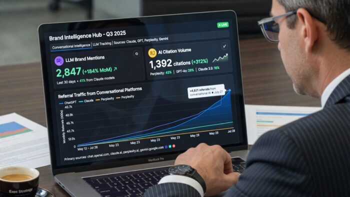 A premium close-up of a digital marketing dashboard showing metrics for ChatGPT citations and generative engine optimization performance.
