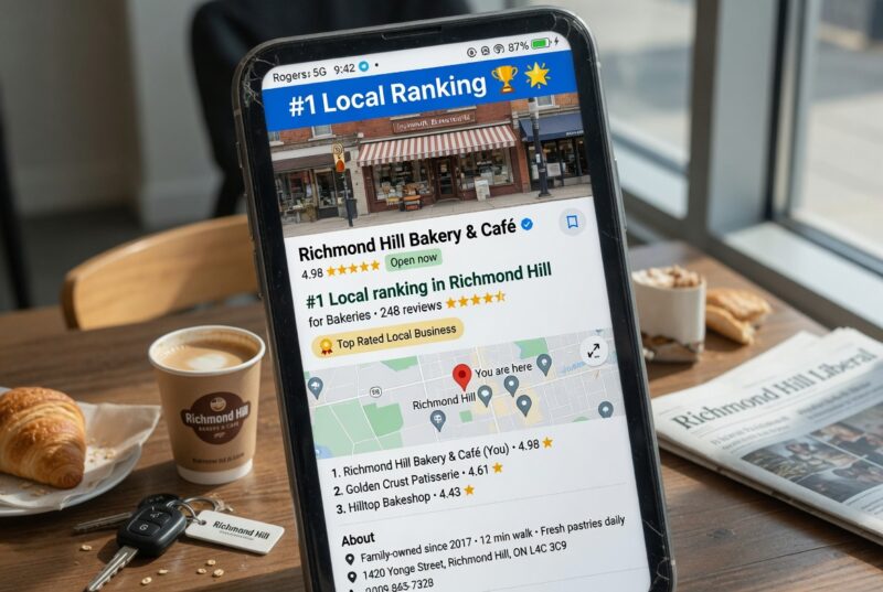 A smartphone displaying #1 local ranking on Google Maps for a small business in Richmond Hill.