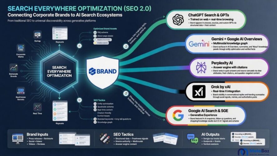 An infographic diagram mapping how Search Everywhere Optimization connects a corporate brand to ChatGPT, Gemini, Perplexity, and Google AI search systems.