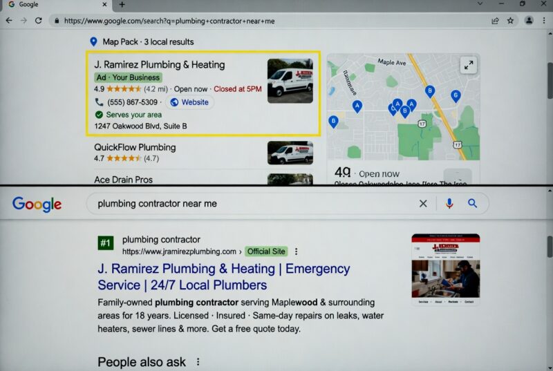 Infographic showing how local seo services create double visibility in Google Map Pack and organic search results.