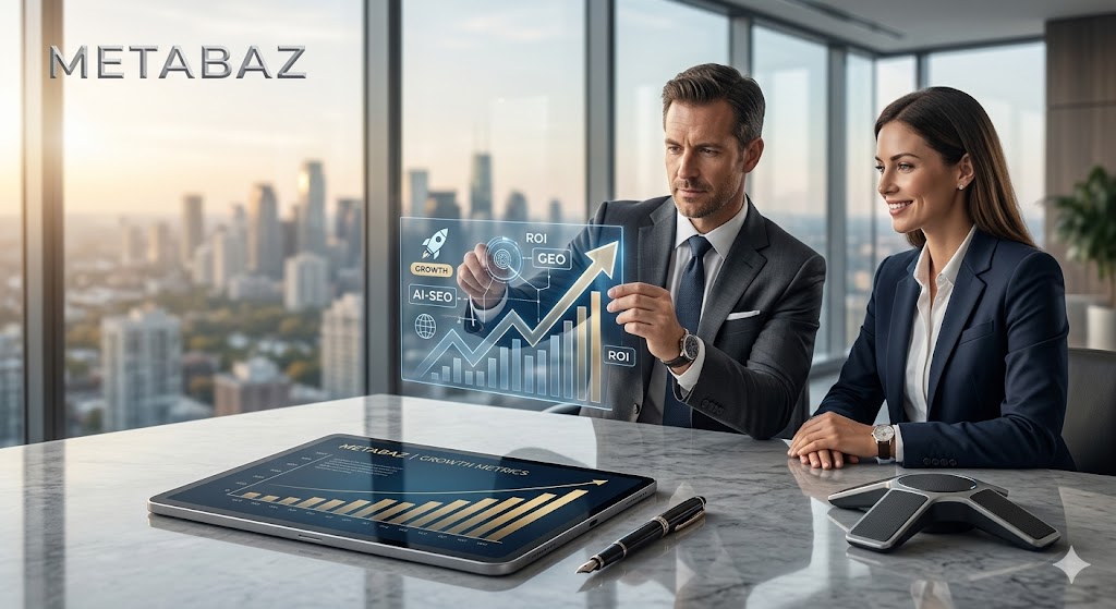 A sophisticated business meeting in a high-rise Richmond Hill penthouse, where a marketing professional uses an integrated holographic interface displaying AI-driven SEO metrics, ROI graphs, and GEO technology, symbolizing premium, data-backed growth for GTA businesses.