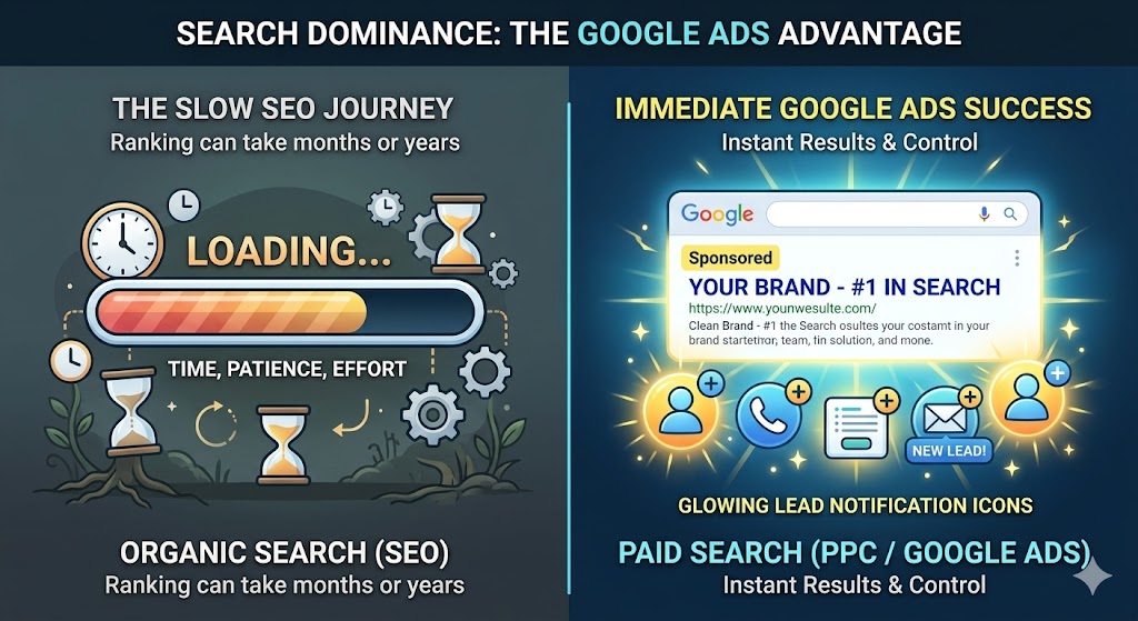 A split-screen graphic comparing the speed of digital marketing strategies. The left side illustrates organic SEO as a slow journey using a loading bar and hourglasses. The right side showcases immediate Google Ads and PPC success, featuring a number one sponsored search result surrounded by glowing new lead notification icons.