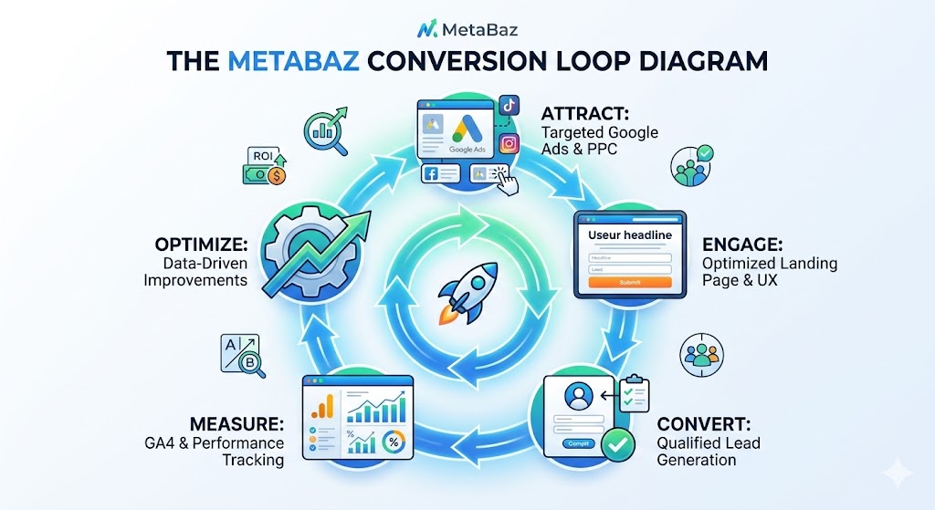 An illustrative diagram of the MetaBaz Digital Marketing Conversion Loop, showing a continuous optimization cycle starting with Targeted Google Ads & PPC (Attract), moving to an Optimized Landing Page & UX (Engage), resulting in Qualified Lead Generation (Convert), followed by GA4 & Performance Tracking (Measure), and concluding with Data-Driven Improvements (Optimize) that flow back into the Attract stage.