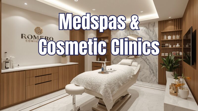 A luxury medspa treatment room featuring a white facial bed, modern vertical wood paneling, and a marble accent wall, with a bold white and blue text overlay reading "Medspas & Cosmetic Clinics" for MetaBaz medical aesthetic marketing.