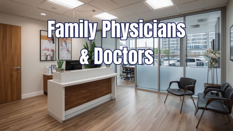 A bright, professional medical clinic reception area featuring a wood-trimmed front desk, a patient waiting area, and large exterior windows, with a bold text overlay reading "Family Physicians & Doctors" for healthcare marketing and web solutions.