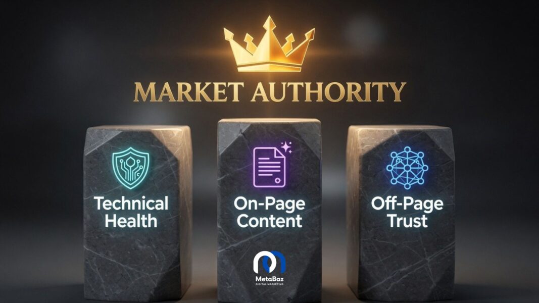 A 3D diagram illustrating the technical, on-page, and off-page pillars of a professional search engine optimization strategy.