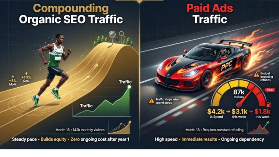 An infographic comparing long-term organic SEO services and immediate paid SEM marketing strategies.