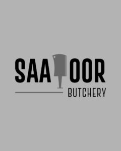 A bold black typography logo featuring a stylized grey meat cleaver knife icon on a solid gray background, showcasing a local butcher and gourmet butchery shop portfolio feature optimized for custom website design services by MetaBaz.
