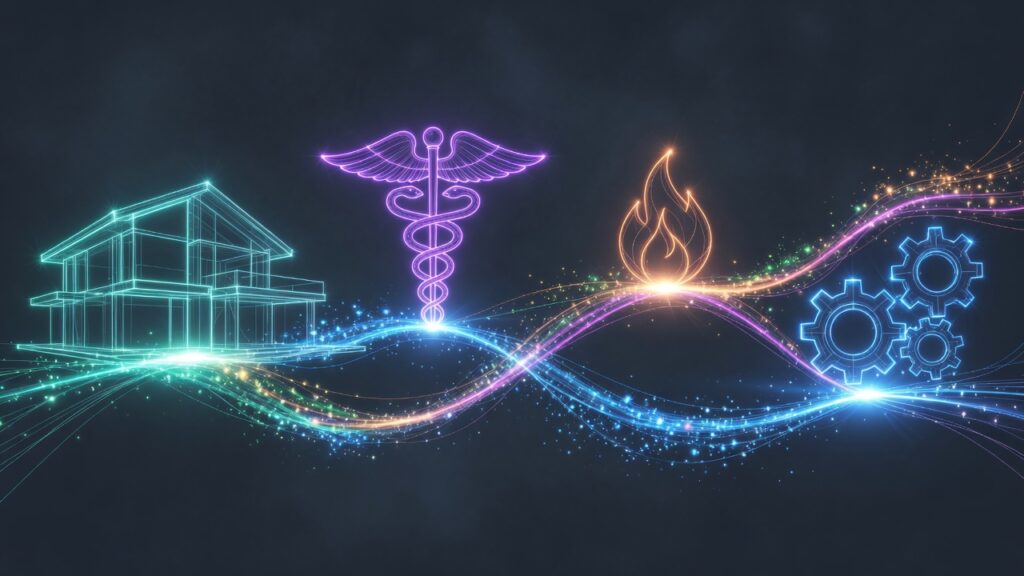 An abstract panoramic website header banner featuring glowing neon wireframe icons of a modern house, a medical caduceus, a fire flame, and mechanical gears connected by a vibrant, pulsing wave of light particles on a dark background, showcasing the MetaBaz digital marketing portfolio for multi-industry business scaling through Meta ads, Google ads, and local SEO.