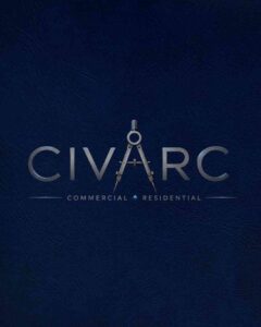 A sleek corporate logo for a commercial and residential construction company featuring silver lettering and a geometric drafting compass icon on a dark blue background, highlighting custom branding and professional website design services by MetaBaz.