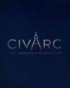 A sleek corporate logo for a commercial and residential construction company featuring silver lettering and a geometric drafting compass icon on a dark blue background, highlighting custom branding and professional website design services by MetaBaz.