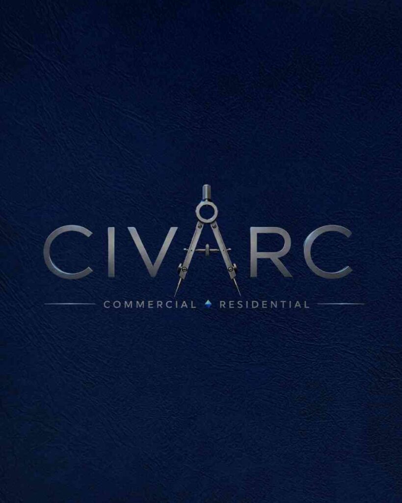 A sleek corporate logo for a commercial and residential construction company featuring silver lettering and a geometric drafting compass icon on a dark blue background, highlighting custom branding and professional website design services by MetaBaz. Construction Company Website Design & Branding