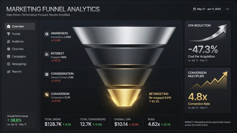 A high-end marketing analytics dashboard demonstrating conversion metrics and audience segmentation from professional remarketing campaign services.