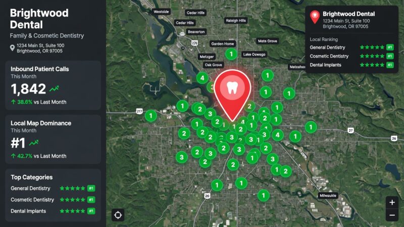 A local SEO performance dashboard showing high keyword rankings and map visibility tracking for professional dental marketing solutions.