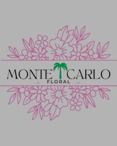 An elegant retail florist and floral design boutique logo featuring decorative pink line art illustrations of blooming flowers and a single green palm tree icon on a solid gray background, highlighting a portfolio feature for custom content creation and strategic Meta ads management by MetaBaz. florist social media management and Meta ads