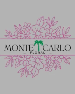 An elegant retail florist and floral design boutique logo featuring decorative pink line art illustrations of blooming flowers and a single green palm tree icon on a solid gray background, highlighting a portfolio feature for custom content creation and strategic Meta ads management by MetaBaz. florist social media management and Meta ads