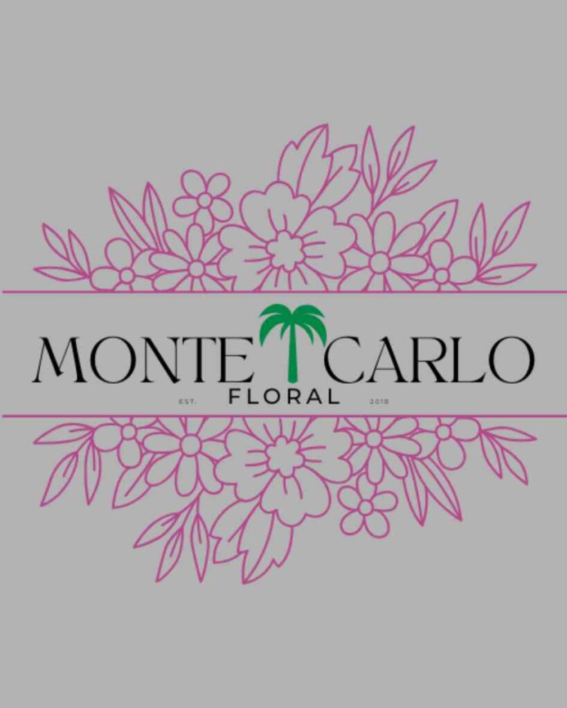 An elegant retail florist and floral design boutique logo featuring decorative pink line art illustrations of blooming flowers and a single green palm tree icon on a solid gray background, highlighting a portfolio feature for custom content creation and strategic Meta ads management by MetaBaz.