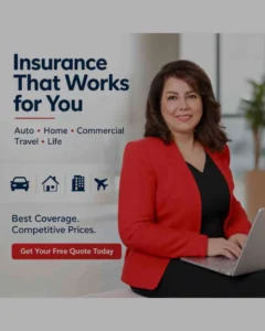 A professional female insurance broker in a vibrant red blazer working on a laptop, paired with strategic ad creative text reading "Insurance That Works for You" and a "Get Your Free Quote Today" button, showcasing high-performing Meta ads management and lead generation by MetaBaz.