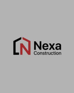 A modern corporate logo featuring a black and red stylized house icon shaping the letter N, paired with clean black typography on a solid gray background, highlighting a premium kitchen cabinetry and custom home construction company portfolio feature optimized for high-conversion Meta ads management by MetaBaz. cabinet doors Meta ads