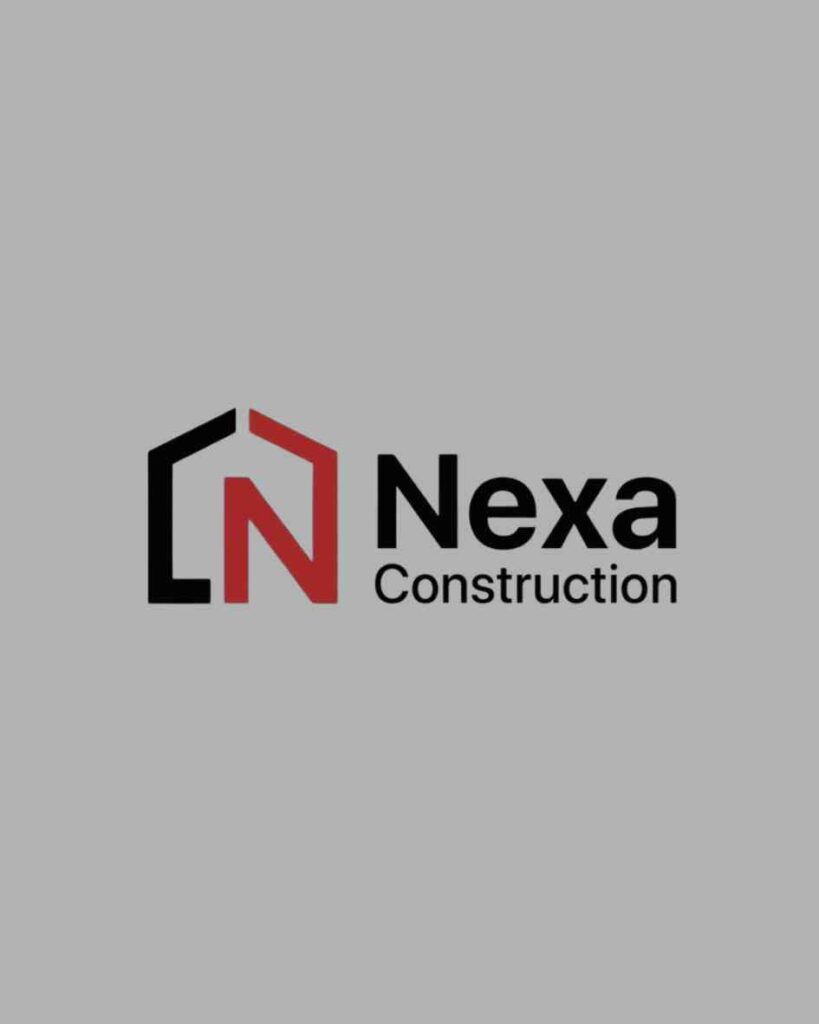 A modern corporate logo featuring a black and red stylized house icon shaping the letter N, paired with clean black typography on a solid gray background, highlighting a premium kitchen cabinetry and custom home construction company portfolio feature optimized for high-conversion Meta ads management by MetaBaz.