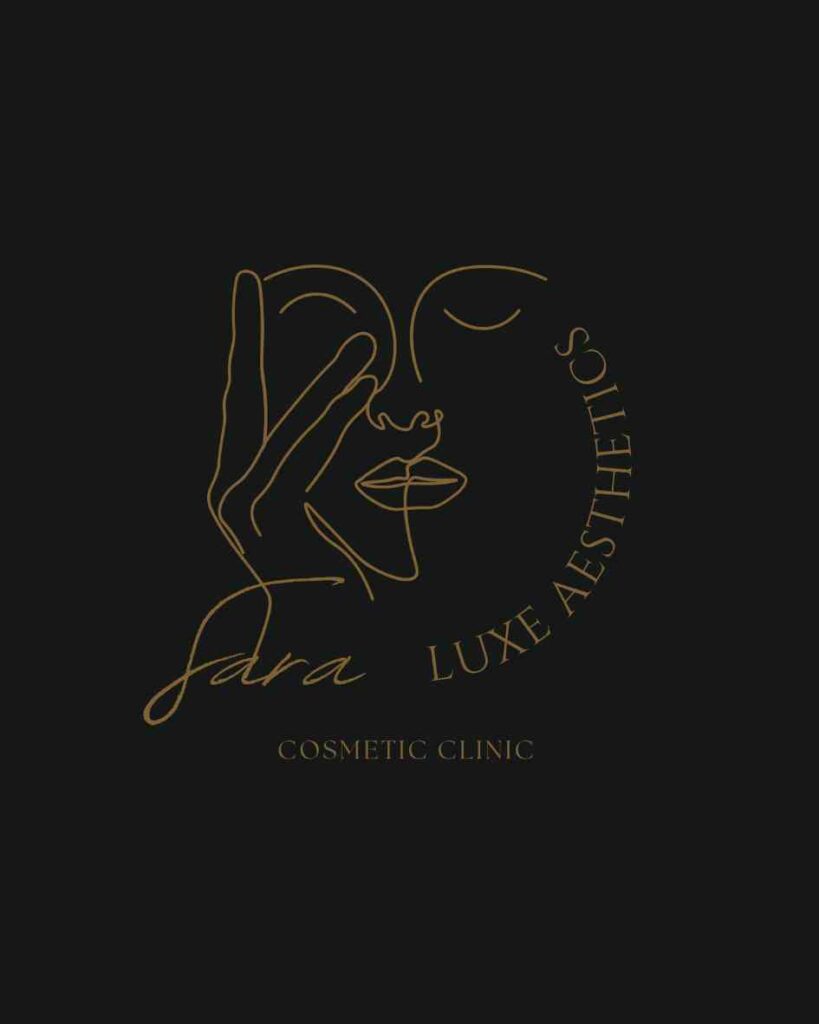 An elegant gold line-art illustration of a minimalist female face with a hand framing the profile on a solid black background, showcasing a luxury cosmetic clinic portfolio feature optimized for high-performing Meta ads campaigns and targeted local SEO services by MetaBaz.