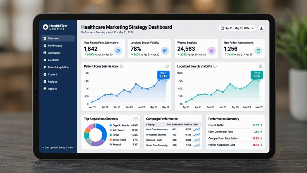 An analytics performance dashboard showing high localized keyword rankings and inbound patient acquisition tracking for medical clinic marketing solutions.