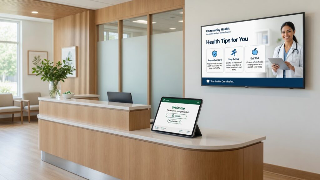 A modern, welcoming medical clinic reception area featuring digital patient check-in systems managed via professional medical clinic marketing solutions.