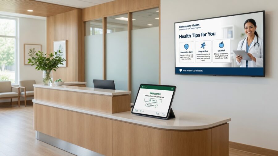 A modern, welcoming medical clinic reception area featuring digital patient check-in systems managed via professional medical clinic marketing solutions.