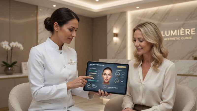 A professional aesthetic clinician conducting a high-end patient consultation inside a modern cosmetic clinic using digital technology.