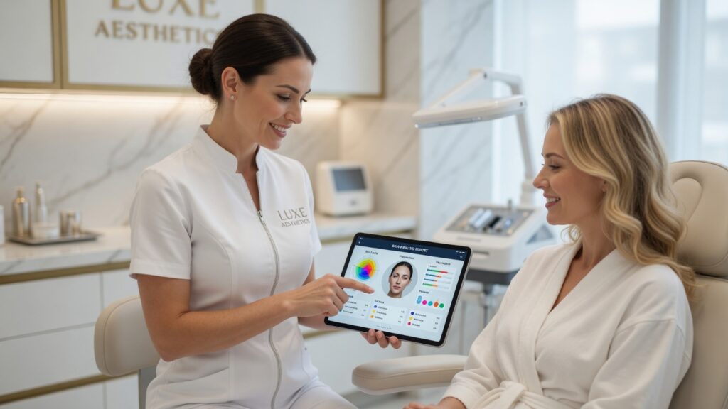 A professional aesthetic clinician in a white uniform points to a digital facial skin analysis report on a tablet for a smiling patient inside a luxury treatment room at Luxe Aesthetics, demonstrating high-end consultation workflows powered by MetaBaz medspa marketing solutions.