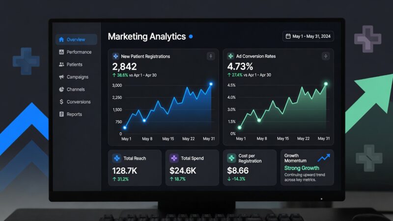A digital marketing performance dashboard tracking patient acquisition metrics and booking optimization for medical aesthetic clinics.