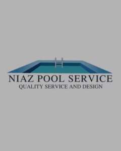 A geometric logo featuring a graphic illustration of a blue swimming pool with a metal ladder on a solid gray background, highlighting a luxury pool builder and backyard design company portfolio feature for strategic Meta ads management by MetaBaz. Construction Company Local SEO and Meta Ads