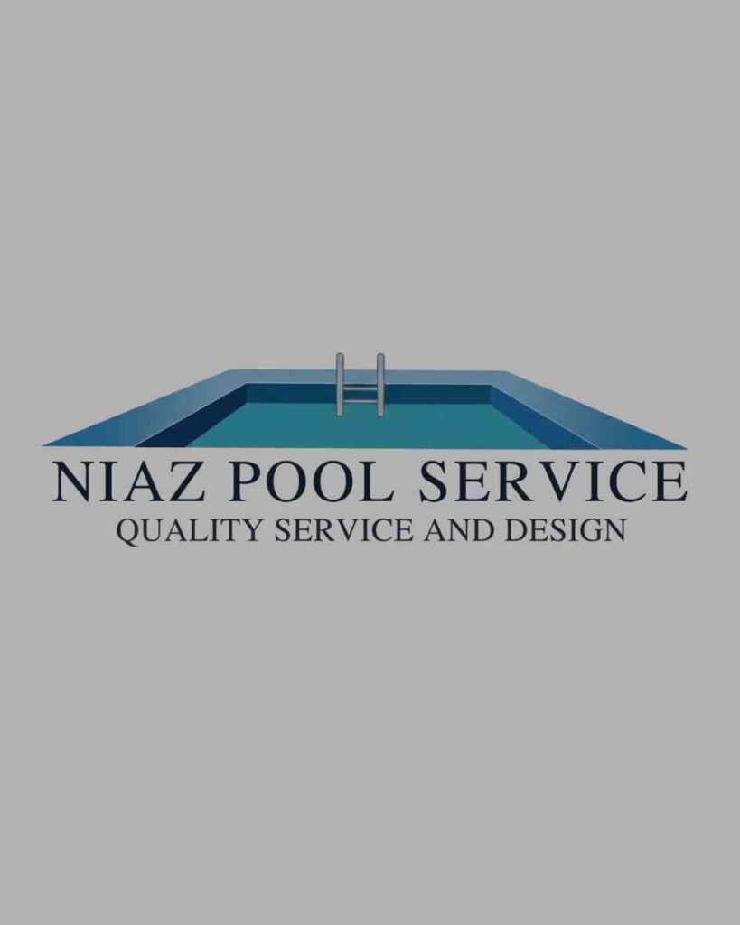 A geometric logo featuring a graphic illustration of a blue swimming pool with a metal ladder on a solid gray background, highlighting a luxury pool builder and backyard design company portfolio feature for strategic Meta ads management by MetaBaz.