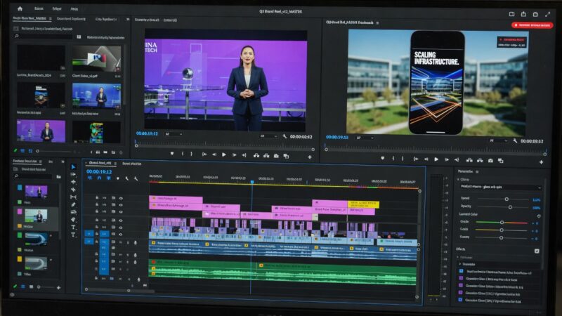 A high-end video editing dashboard timeline showcasing technical short-form reel editing for corporate brand social media profiles, as a service of social media management.