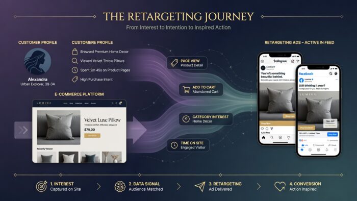 A premium marketing infographic illustrating how remarketing campaign services track website visitors and serve corresponding ads on Meta platforms.