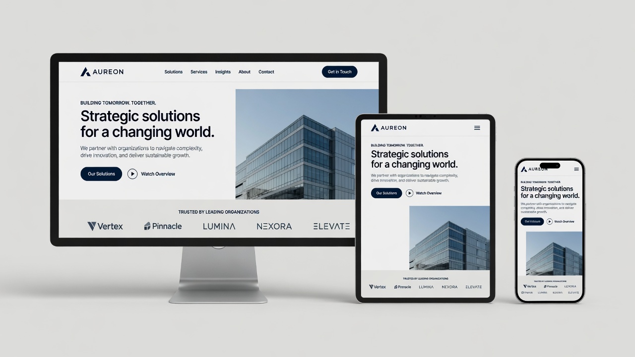 A 3D mock-up displaying a customized responsive website layout across desktop, tablet, and smartphone screens built via expert website design services.